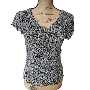 Vintage Y2K A.M.I. Floral Black and White Women's Top - Small